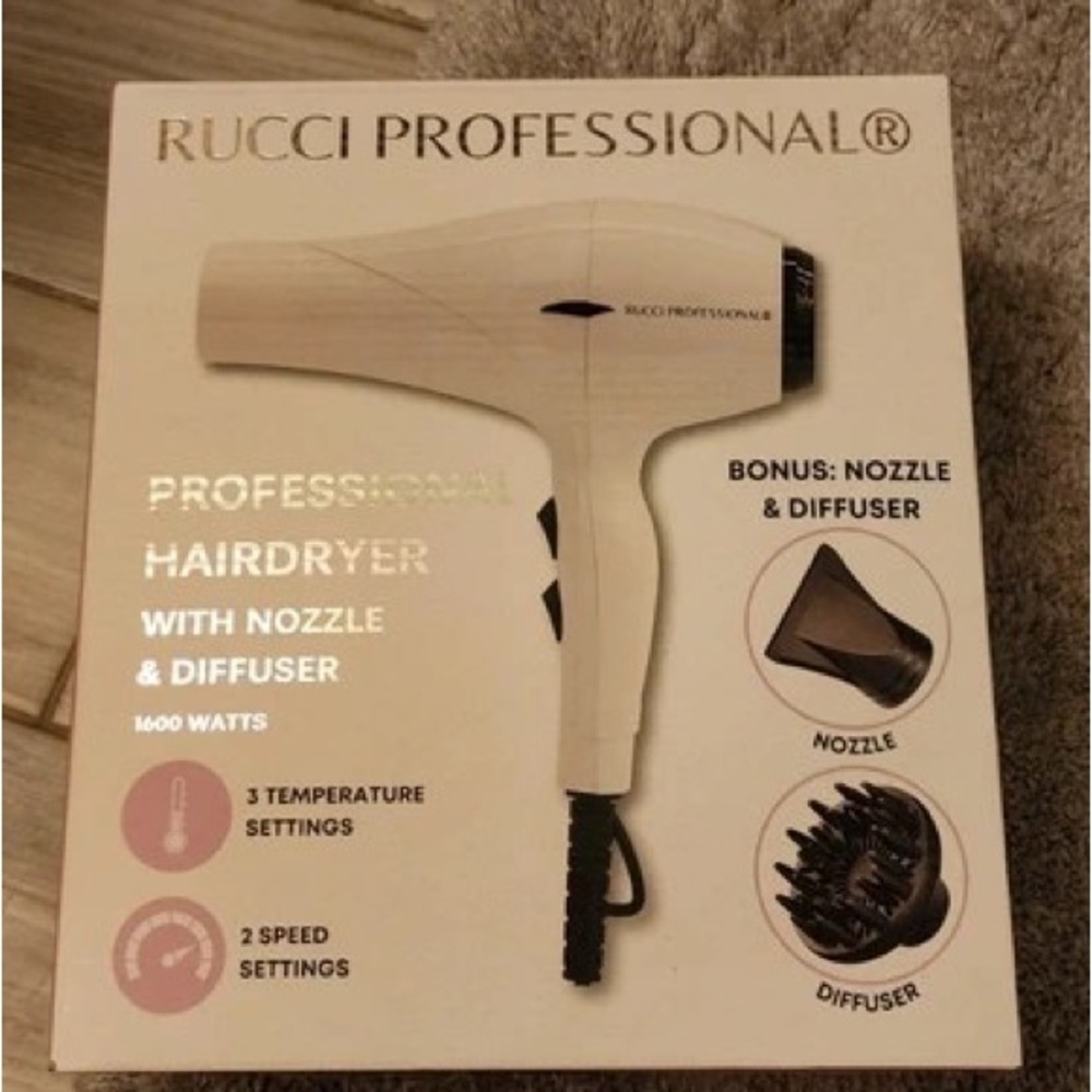 Professional White Hair Dryer with Nozzle & Diffuser